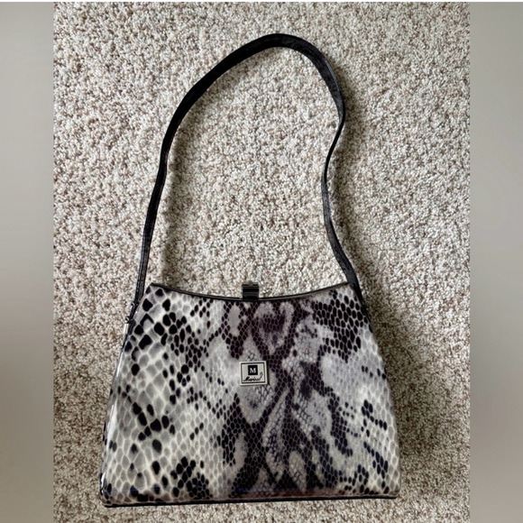 Marinal Snakeskin Print Shoulder Bag Black Hardware Structured 90s Y2K Vintage - Picture 2 of 12